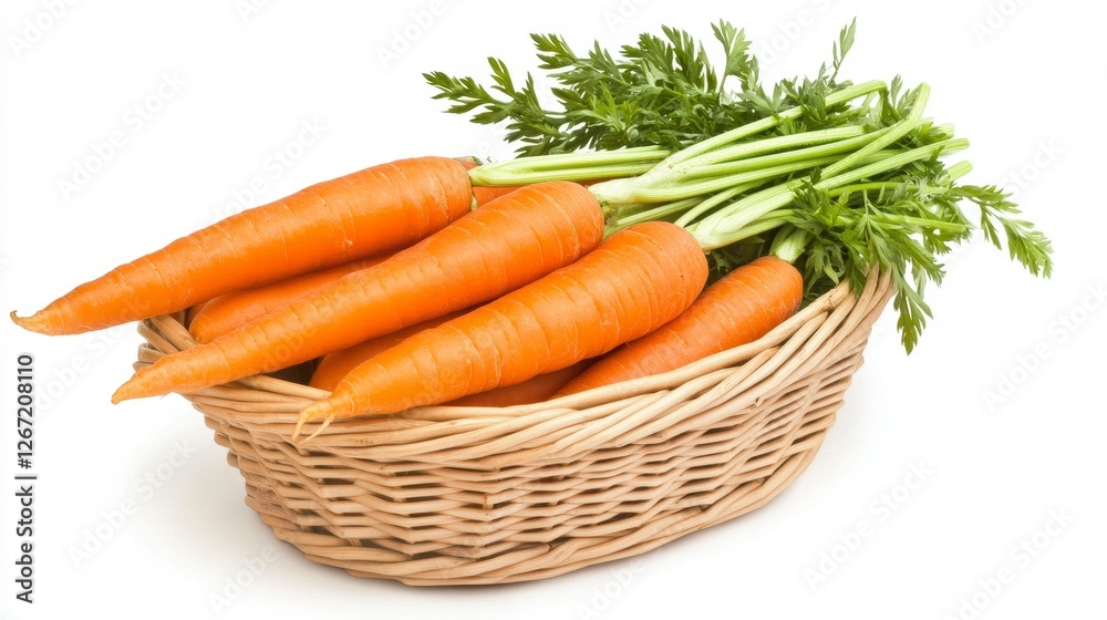 Woven Basket Overflowing with Vibrant Orange Carrots and Fresh Green Tops Isolated on White Woven Basket Overflowing with Vibrant Orange Carrots and Fresh Green Tops Isolated on White