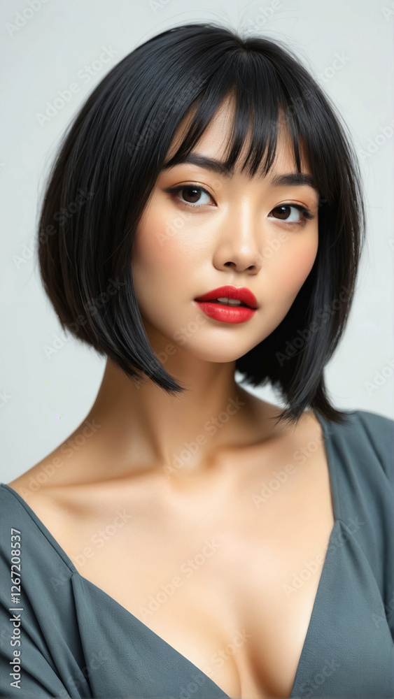 Portrait of a Young Chinese Woman with Luxurious Skin and Bold Red Lipstick. Bob haircut. Portrait of a Young Chinese Woman with Luxurious Skin and Bold Red Lipstick. Bob haircut.