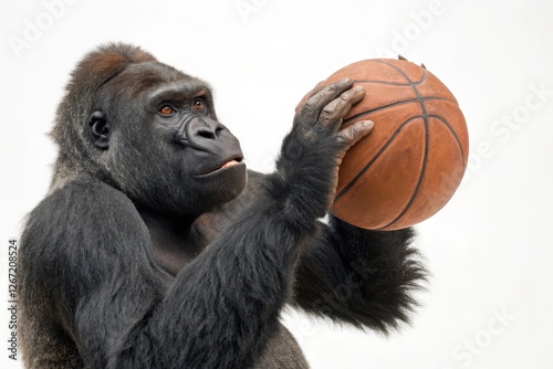 Gorilla Holding Basketball against a Plain Background for Sports and Wildlife Themes