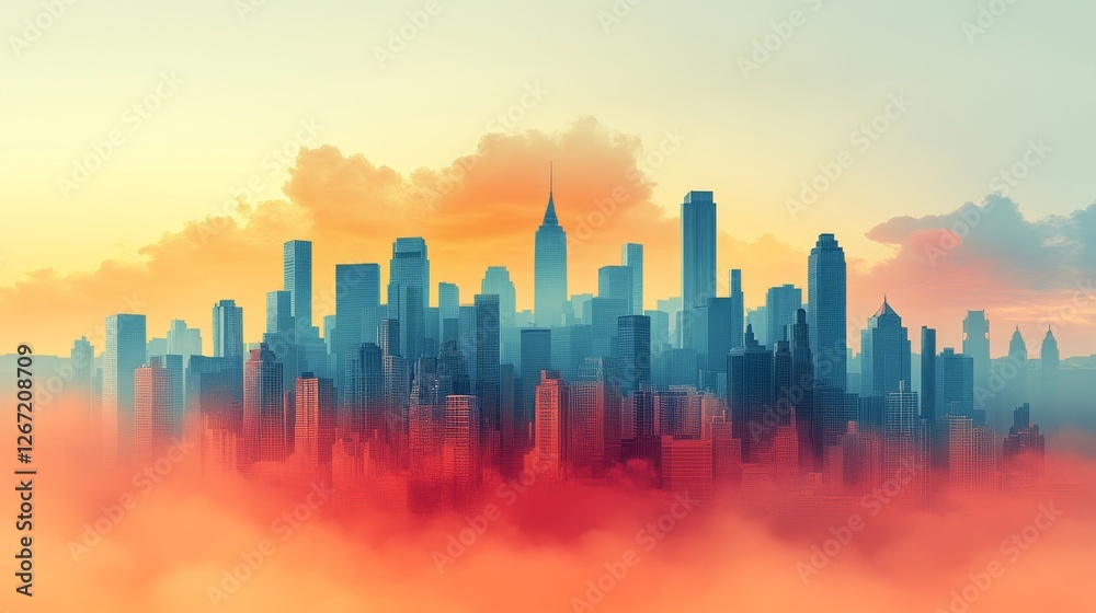Fototapeta premium Cityscape Emerging from a Dreamlike Sunset Haze