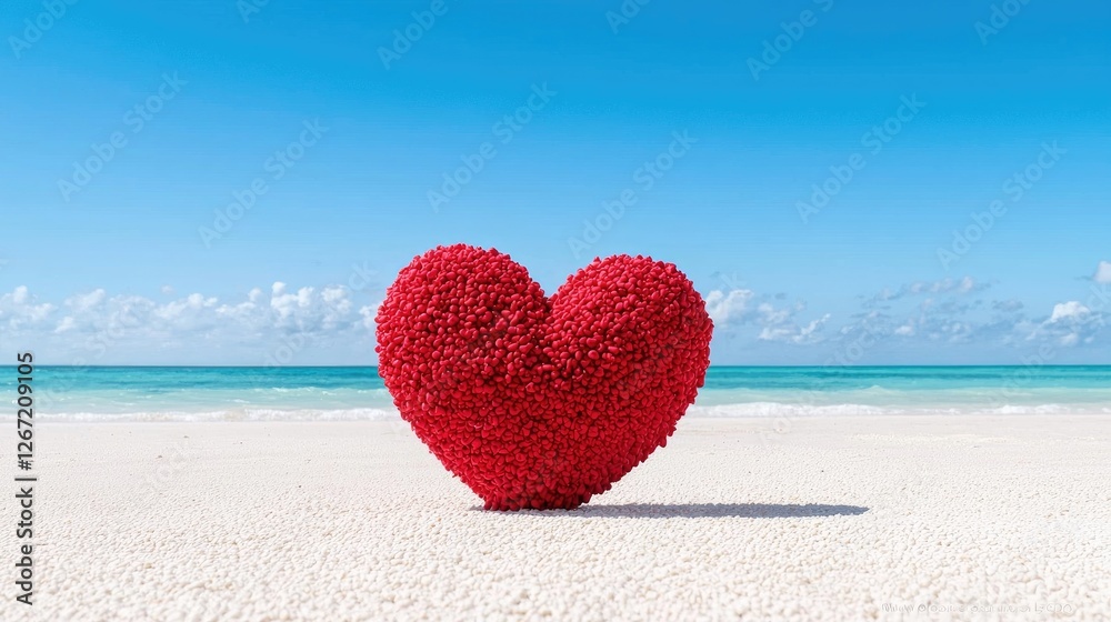 Fototapeta premium Red textured heart stands on a white sandy beach under a clear blue sky during a sunny day, symbolizing love and tropical vacation.