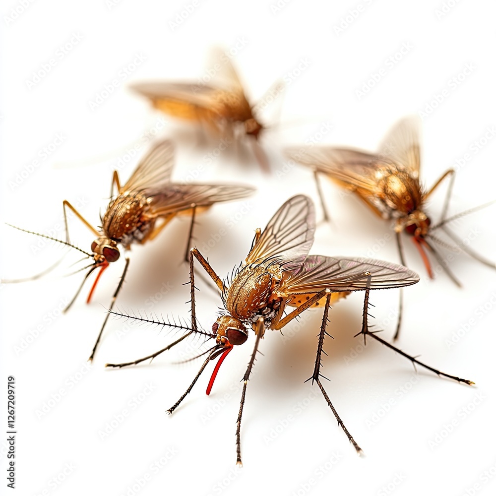Mosquitoes isolated on white background. Mosquitoes are flying. Mosquito spray, mosquito net. Malaria mosquito. Dangerous insect mosquito. Mosquitoes isolated on white background. Mosquitoes are flying. Mosquito spray, mosquito net. Malaria mosquito. Dangerous insect mosquito.