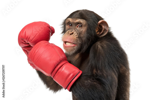 Playful chimpanzee wearing red boxing gloves ready for a fun and energetic match photo