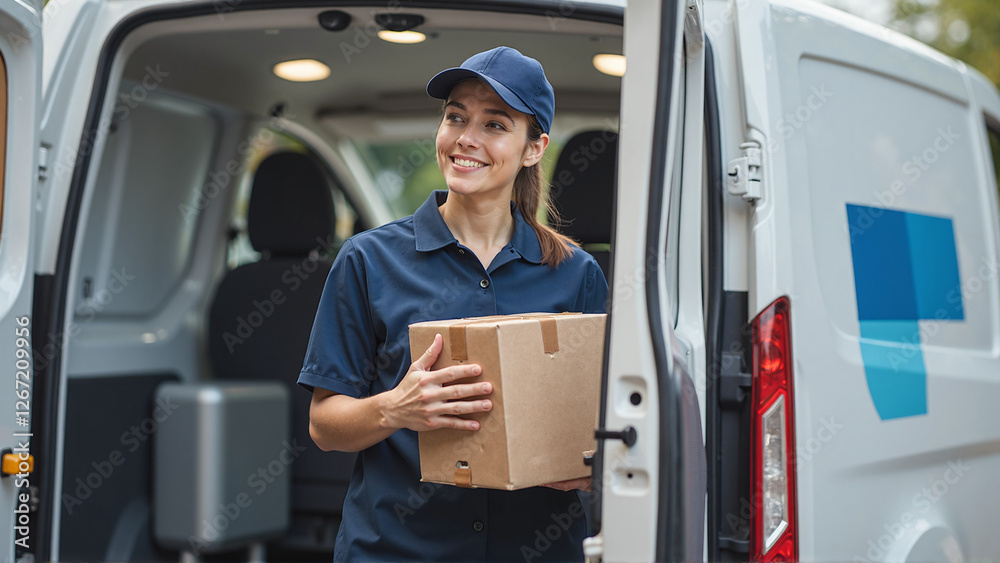 Professional Delivery Worker in Uniform Holding Package by Van Professional Delivery Worker in Uniform Holding Package by Van