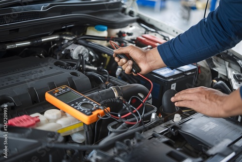 Professional Auto Mechanic Inspecting Car Engine Bay Detailed View of Vehicle Maintenance Repair Diagnostics Testing Electrical System Components Under Hood Close Up Expert Technician Working on       photo