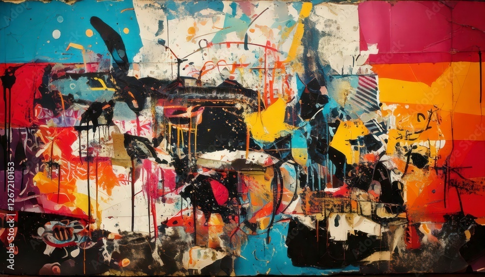 Fototapeta premium A vibrant graffiti collage poster with layers of ink splashes, bold textures, and urban background