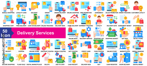 "Delivery Services" icon collection set. Mobile shopping,Loyality Card,Delivery,Order,Order Delivery  icon. Simple Flat vector.