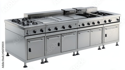 The image features a classic industrial cooking range equipped with multiple gas burners, showcasing functionality and efficiency in a professional kitchen setup for culinary excellence.