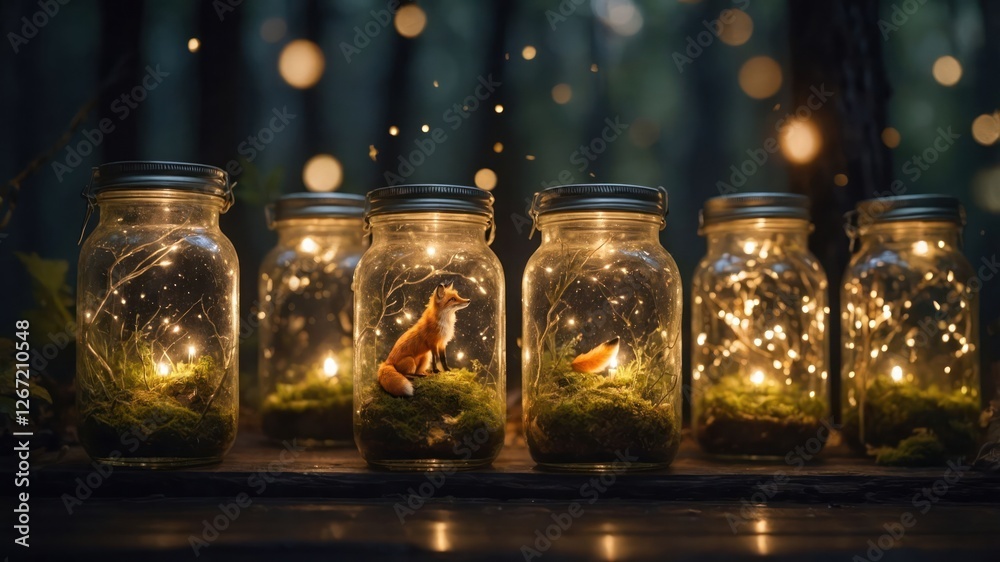 A serene display of jars with glowing lights and a fox figure, creating a whimsical ambiance. A serene display of jars with glowing lights and a fox figure, creating a whimsical ambiance.