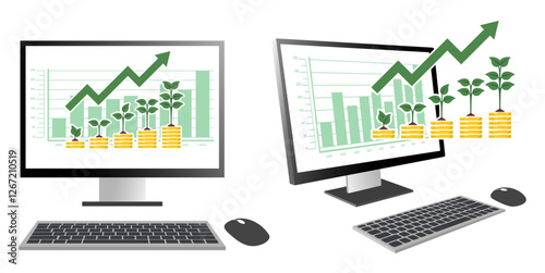 Investment vector illustration featuring financial growth charts on laptop screens with upward trends, bar graphs, and money stacks. Represents online trading, stock market, and financial success.