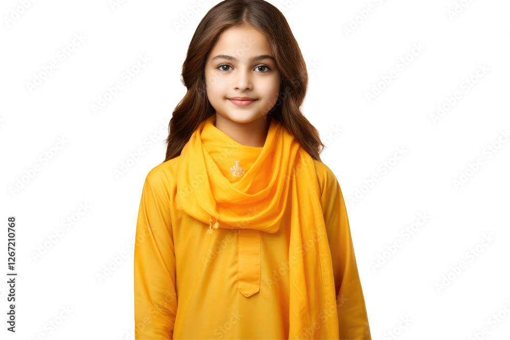 Pretty Indian Girl Wearing Yellow Scarf and Suit as a Culture Attire Photo on Png Background.Fictional Character Created By Generative AI