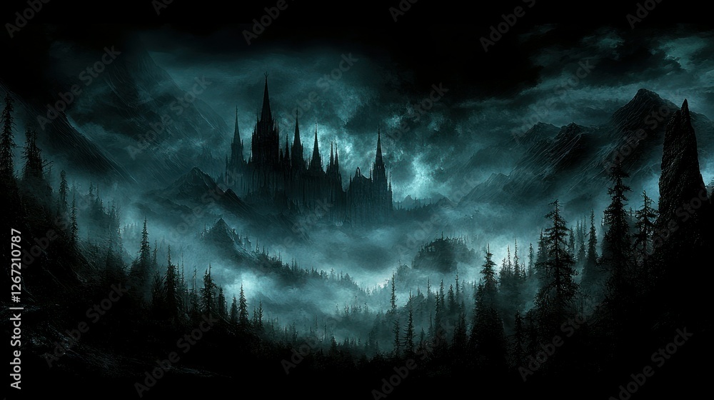 Obraz premium Dark castle in misty mountains, fantasy landscape background