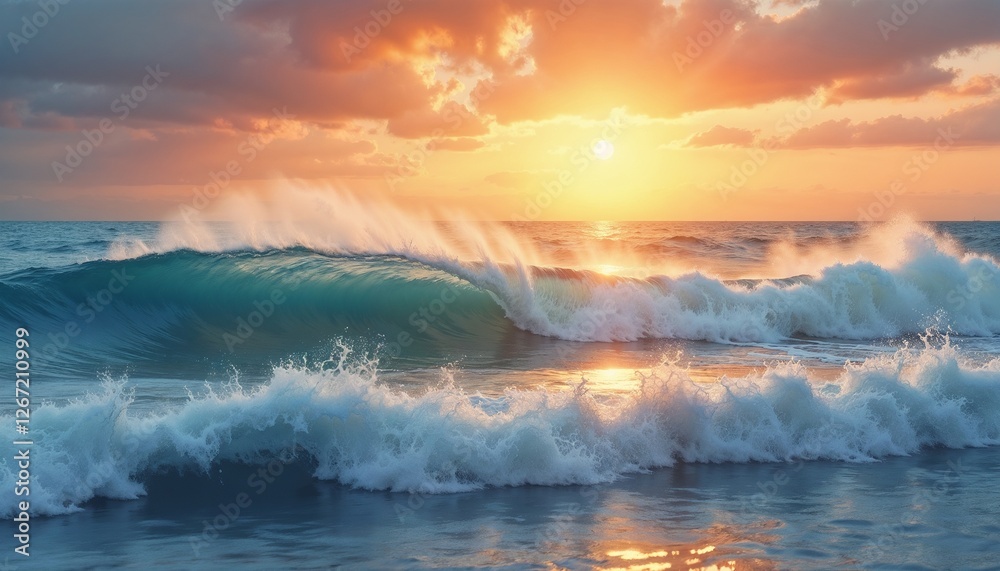 Fototapeta premium Beautiful coastal wave at sunset, vibrant mood, highlighting ocean power, golden light background