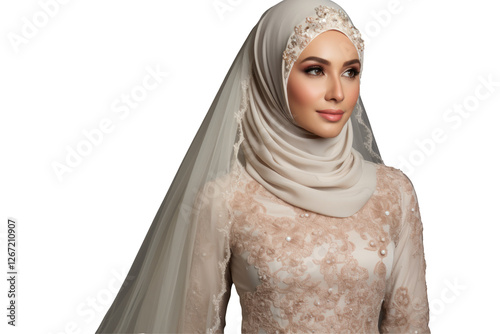Party Wear Muslim Female Dress with White Hijab and Abaya Photo on Png Background. Fictional Character Created By Generative AI