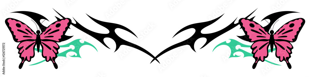 butterfly with Neo tribal y2k gothic style tattoo Cyber sigilism spikes and sparks for streetwear print designs, spiky y2k aesthetic vector set butterfly with Neo tribal y2k gothic style tattoo Cyber sigilism spikes and sparks for streetwear print designs, spiky y2k aesthetic vector set
