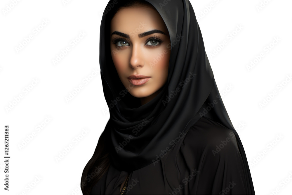 Gorgeous Eye Muslim Woman in Black Hijab Attire Photo on Png Background.Fictional Character Created By Generative AI