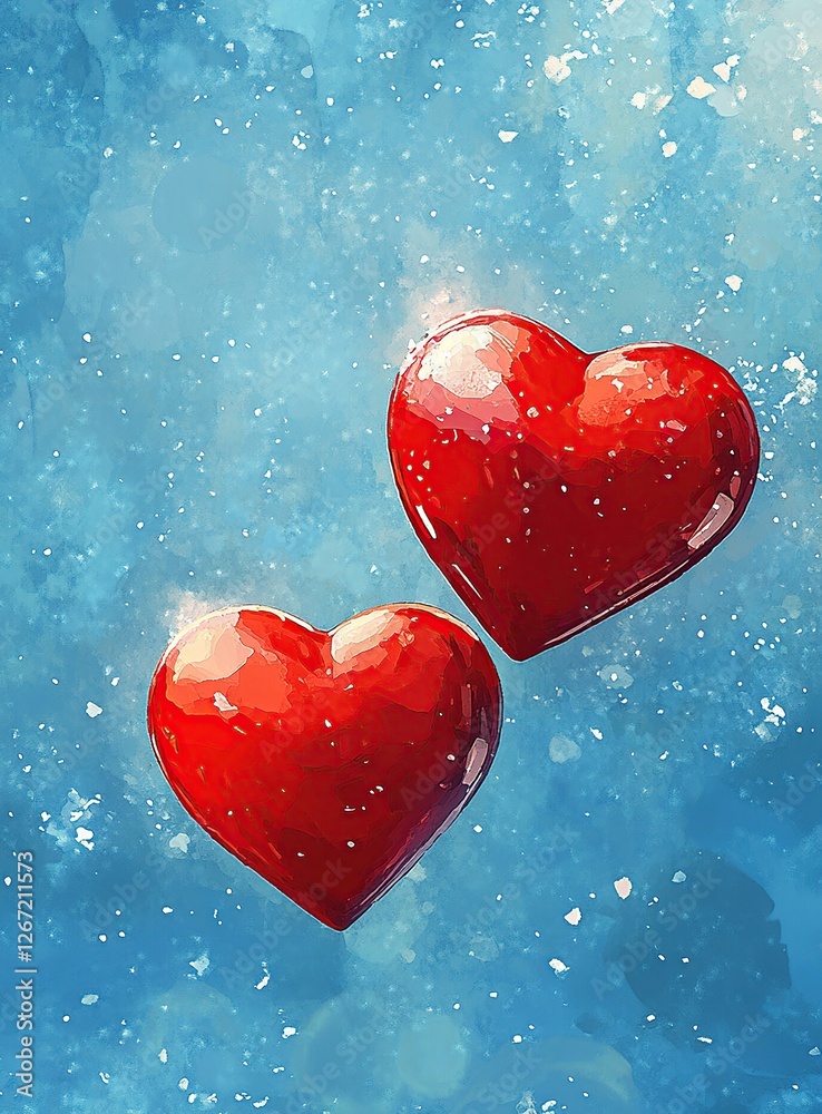 Obraz premium Two Shiny Red Hearts Float Gently on a Blue Sky, Symbolizing Love and Affection, a Watercolor Painting.