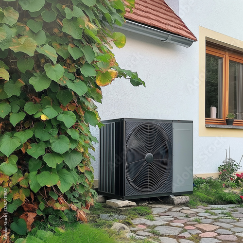 Modern heat pump installed outside a residential house surrounded by greenery