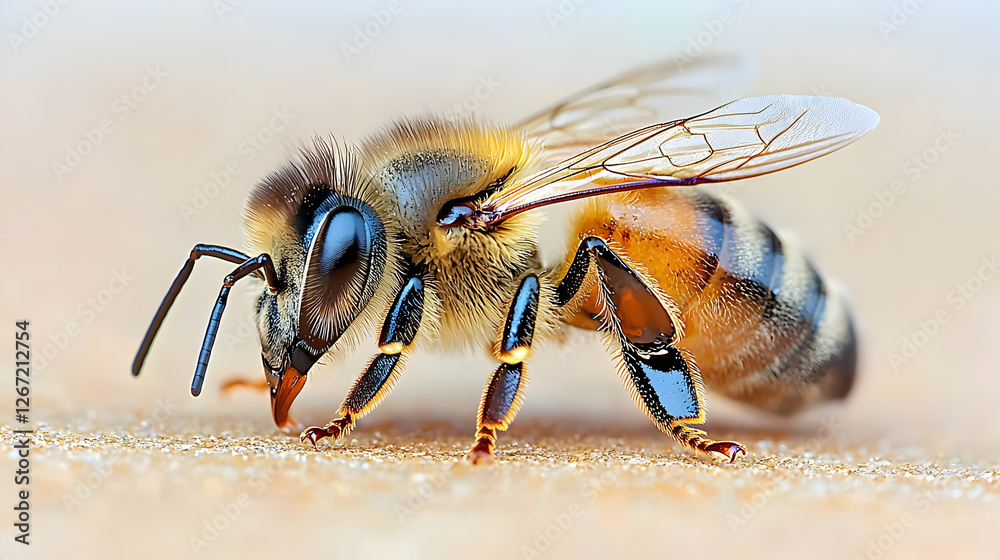 Naklejka premium Honeybee foraging on pollen, close-up, blurred background, nature stock photo