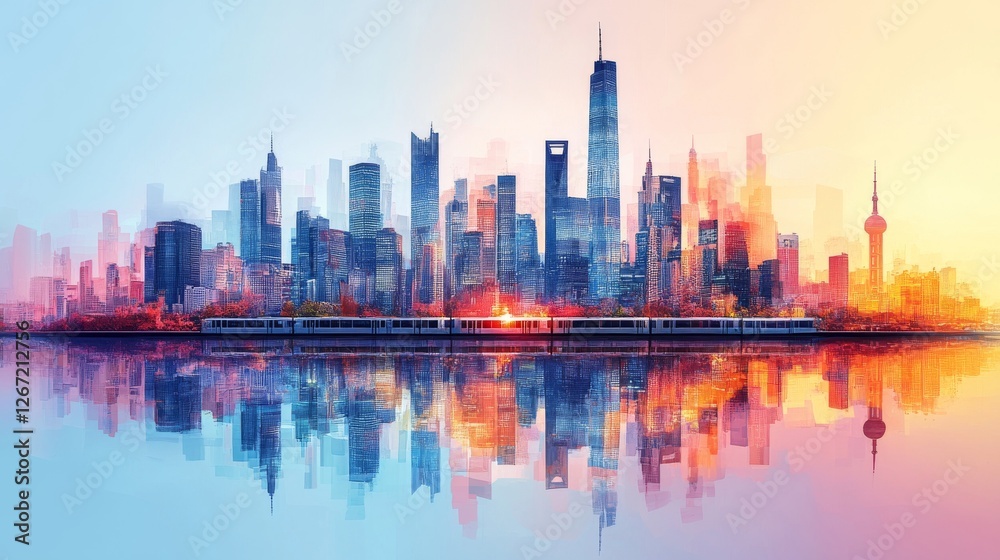 Fototapeta premium Urban Sunrise: A City's Reflection in Golden Hues