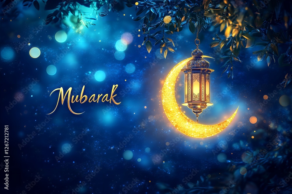 Naklejka premium Festive Ramadan Mubarak Greeting Card Design Gold Moon Lantern Night