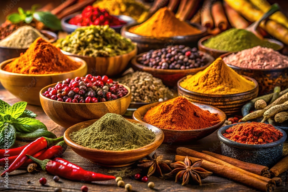 Fototapeta premium Sharp focus on spices, intricate details, high-resolution still life.
