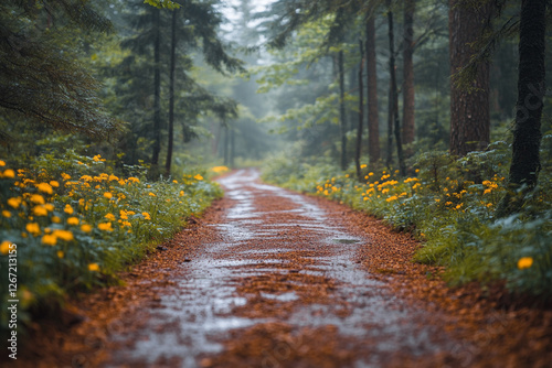 Ephemeral Beauty, A Woodland Path After the Rain with Wildflowers