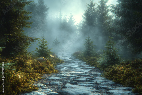 Mystical Stone Path Through a Foggy Forest of Evergreens at Sunrise