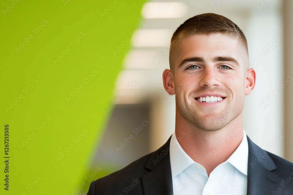 Fototapeta premium Smiling young businessman in professional attire against modern green office backdrop symbolizing confidence career success and positive corporate identity