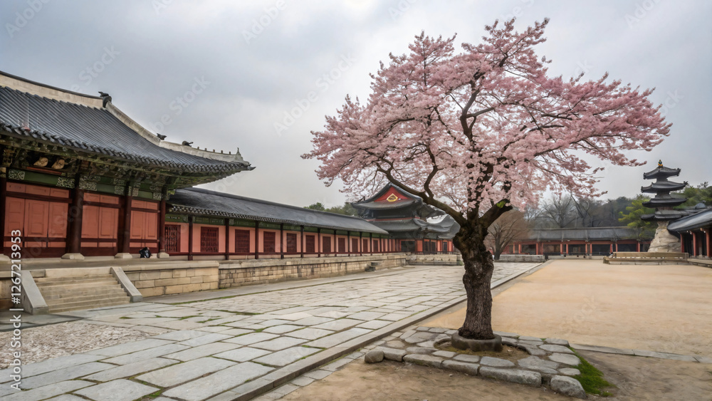 Serene Cherry Blossom Tree Amid Historic Architecture in Korean Palace Garden Under Soft Gray Sky Serene Cherry Blossom Tree Amid Historic Architecture in Korean Palace Garden Under Soft Gray Sky