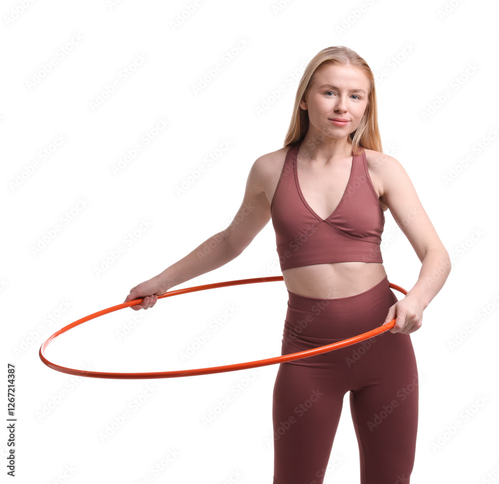 Beautiful young woman exercising with hula hoop on white background Beautiful young woman exercising with hula hoop on white background