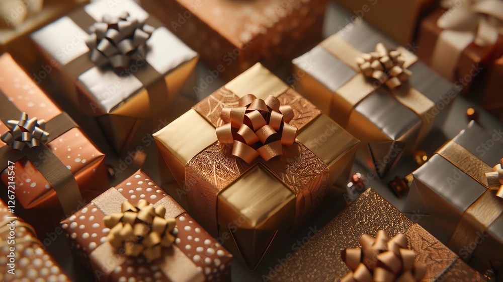 A group of wrapped gifts in gold, silver, and brown with bows. A group of wrapped gifts in gold, silver, and brown with bows.