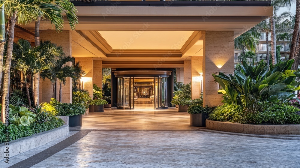 Fototapeta premium A hotel entrance with a covered driveway, a luxurious revolving door, and potted plants.