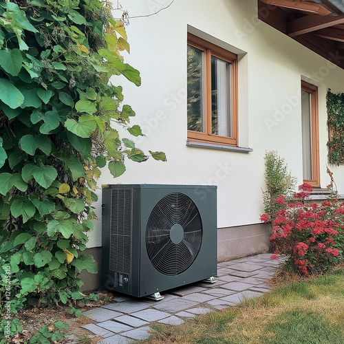 Outdoor heat pump installed next to a house with a garden and green plants