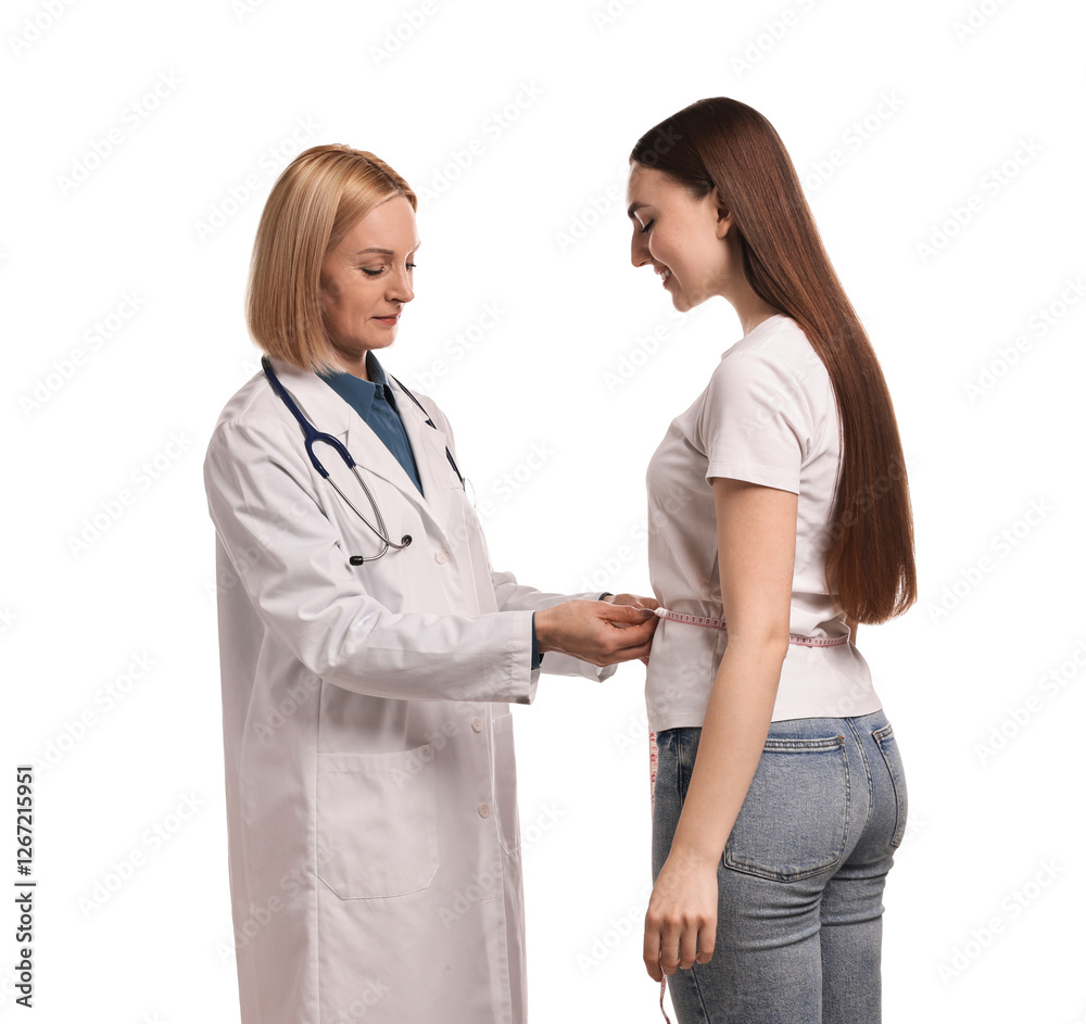 Weight loss. Nutritionist measuring patient's waist with tape on white background Weight loss. Nutritionist measuring patient's waist with tape on white background