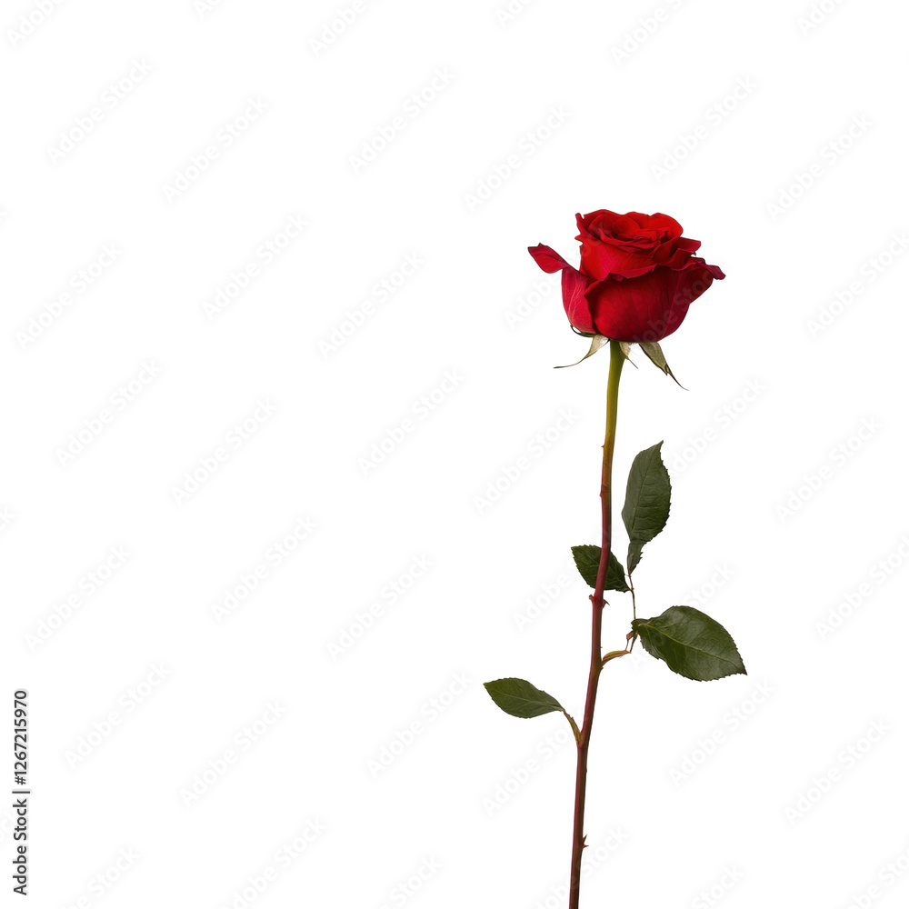 A single red rose is standing tall on a white background. The rose is the main focus of the image, and it is the only object in the scene. The white background creates a sense of simplicity A single red rose is standing tall on a white background. The rose is the main focus of the image, and it is the only object in the scene. The white background creates a sense of simplicity