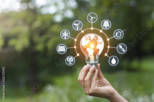 Bright Green Energy Solutions Global Sustainable Innovation Eco Friendly Technology Renewable Resources Environmental Conservation Clean Power Electricity Hand Holding Lightbulb World Map Nature      