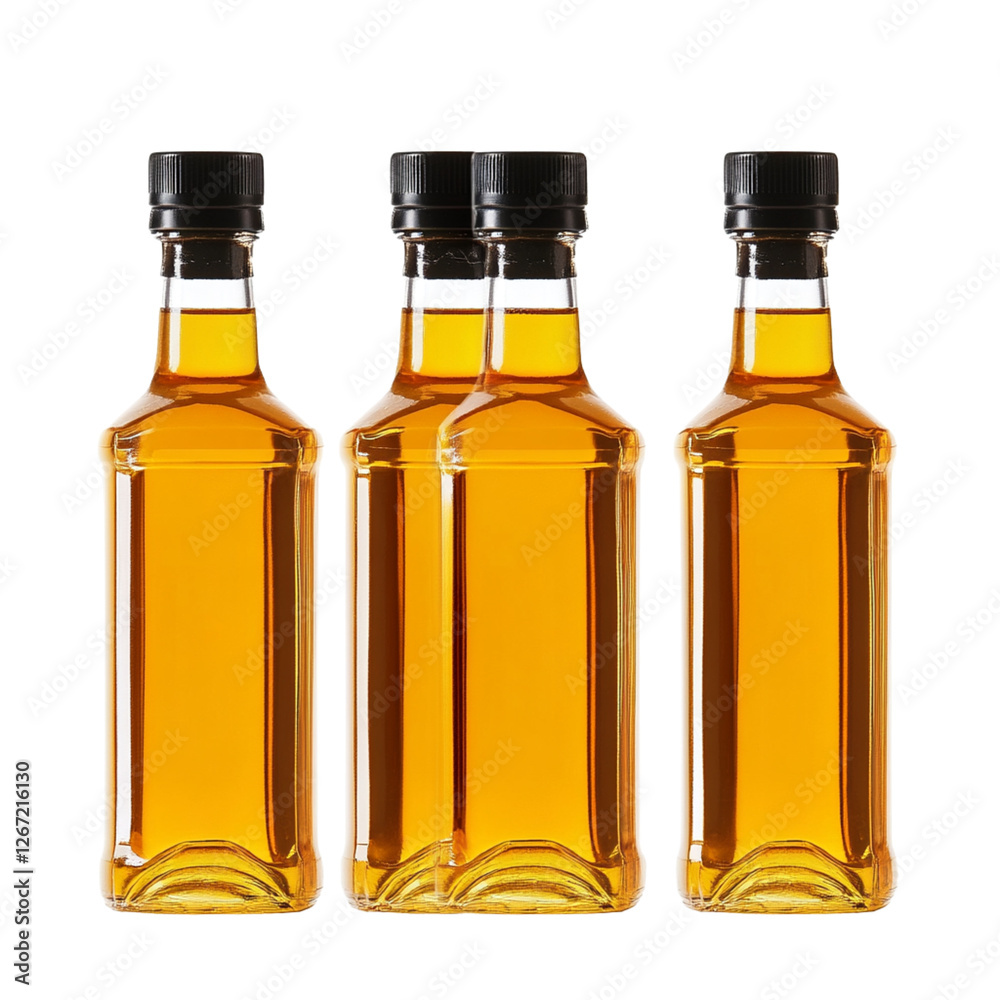 4 glass bottles of cooking oil isolated on a transparent background PNG. 4 glass bottles of cooking oil isolated on a transparent background PNG.