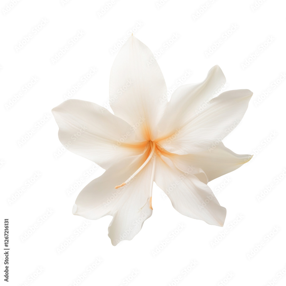 Fototapeta premium A white flower with a yellow center. The flower is the main focus of the image. The flower is delicate and beautiful, with a bright yellow center that stands out against the white background