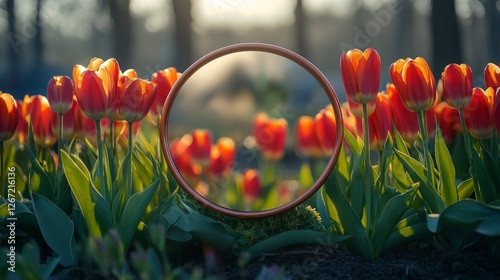 Red tulips stand in a field seen through a circular frame