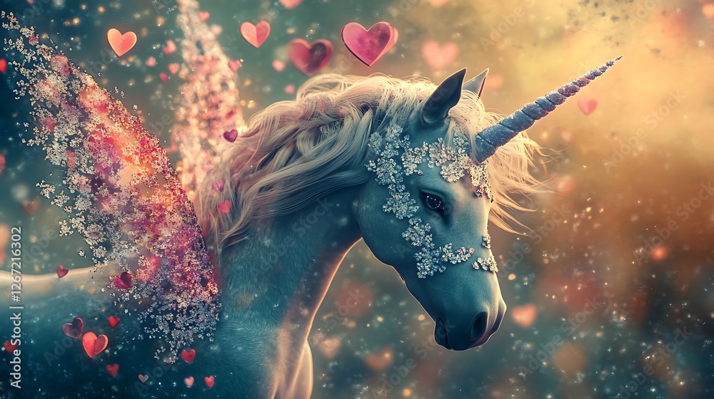 A unicorn with wings of lace and hearts fluttering around its head. A unicorn with wings of lace and hearts fluttering around its head.