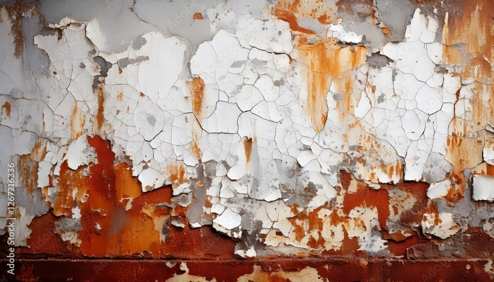 Fototapeta premium A weathered wall with peeling white paint and streaks of rust blending into brown and grey background