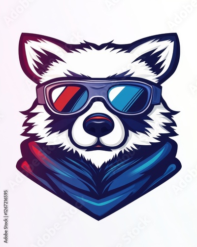 Animal logo concept wearing VR glasses. Stylized raccoon wearing sunglasses and a scarf, combining coolness and charm. photo