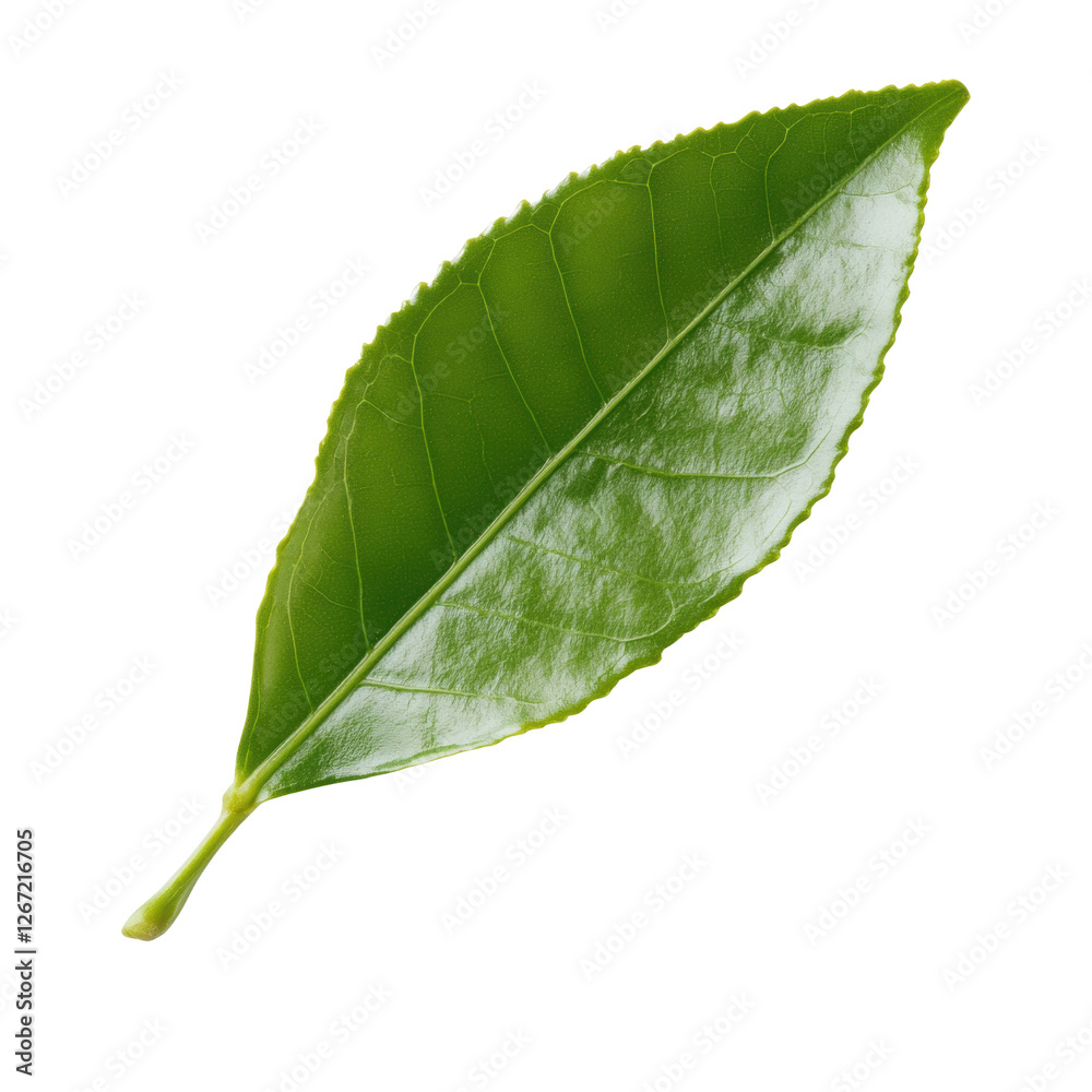 Fototapeta premium A leaf is shown in its natural form, with a white background. The leaf is green and has a smooth texture. Concept of calmness and serenity, as the leaf is a symbol of nature and growth
