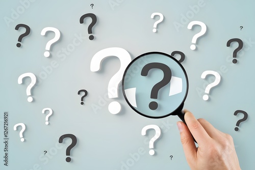 Magnifying Glass Exploring Numerous Question Marks White Black Inquiry Concept Search Solution Problem Solving Investigation Mystery Riddle Uncertainty Doubt Questioning Analysis Research Answers     