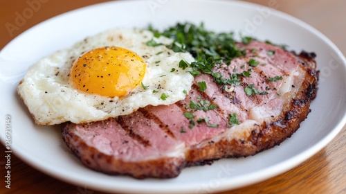 Fried egg and grilled ham breakfast plate photo