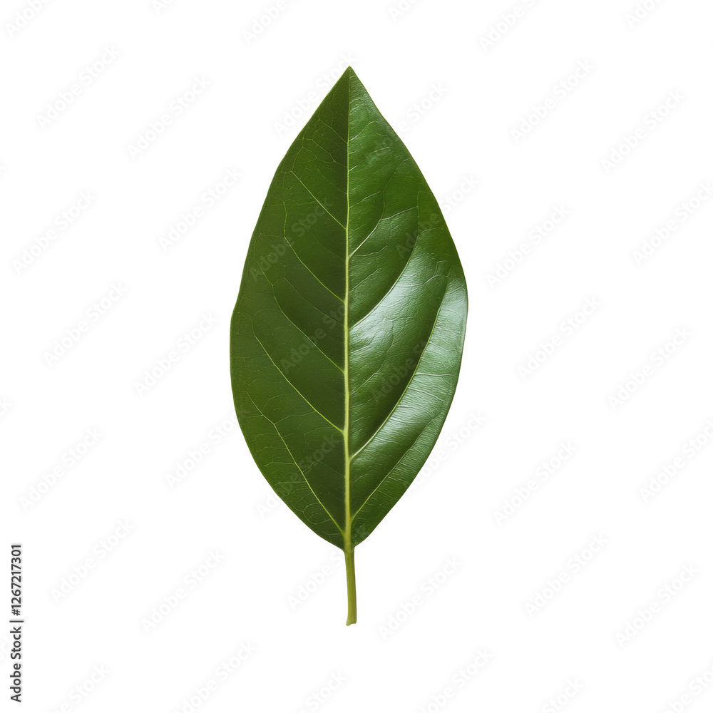 Obraz premium A leaf is shown on a white background. The leaf is green and has a pointed tip. Concept of nature and tranquility