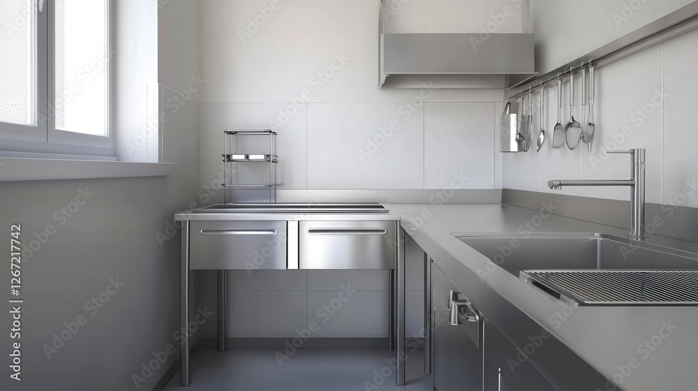 A minimalist kitchen showcasing practical features such as sleek cabinetry, efficient workspace, and stainless steel surfaces, merging functionality with elegant design. A minimalist kitchen showcasing practical features such as sleek cabinetry, efficient workspace, and stainless steel surfaces, merging functionality with elegant design.