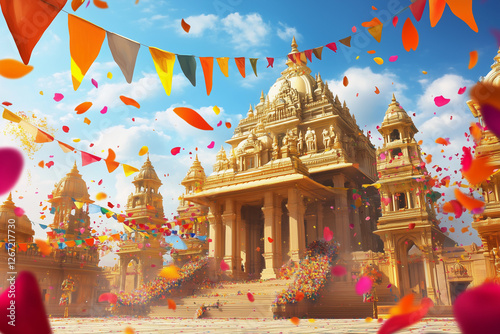 Festive celebration of Rama Navami at a grand temple with vibrant decorations and colorful petals in the air