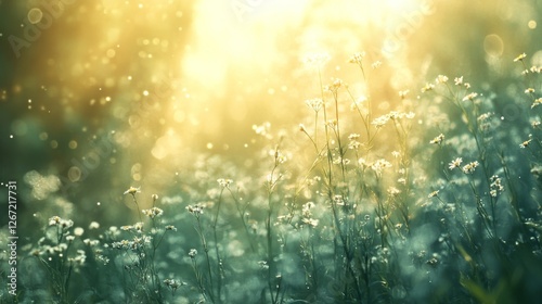 Sunlight and tiny wildflowers create a dreamy and ethereal scene